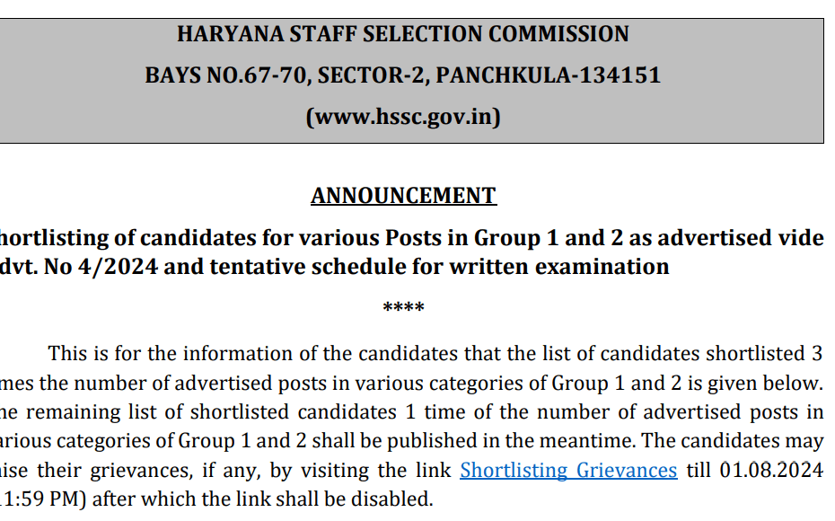 HSSC Group 1 & 2 Cut off Marks, Exam Date & Shortlisted Candidate List