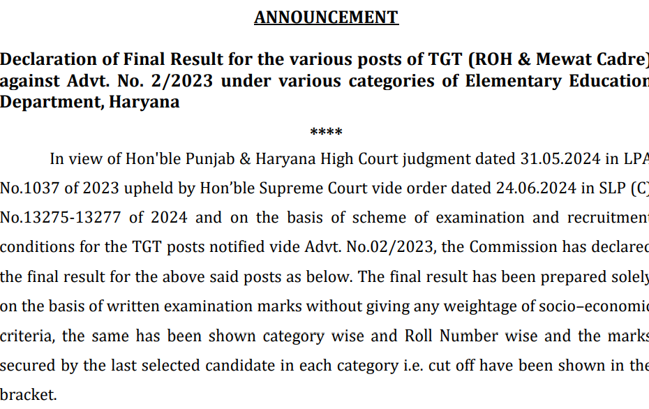 HSSC TGT Final Result & Cut off Marks