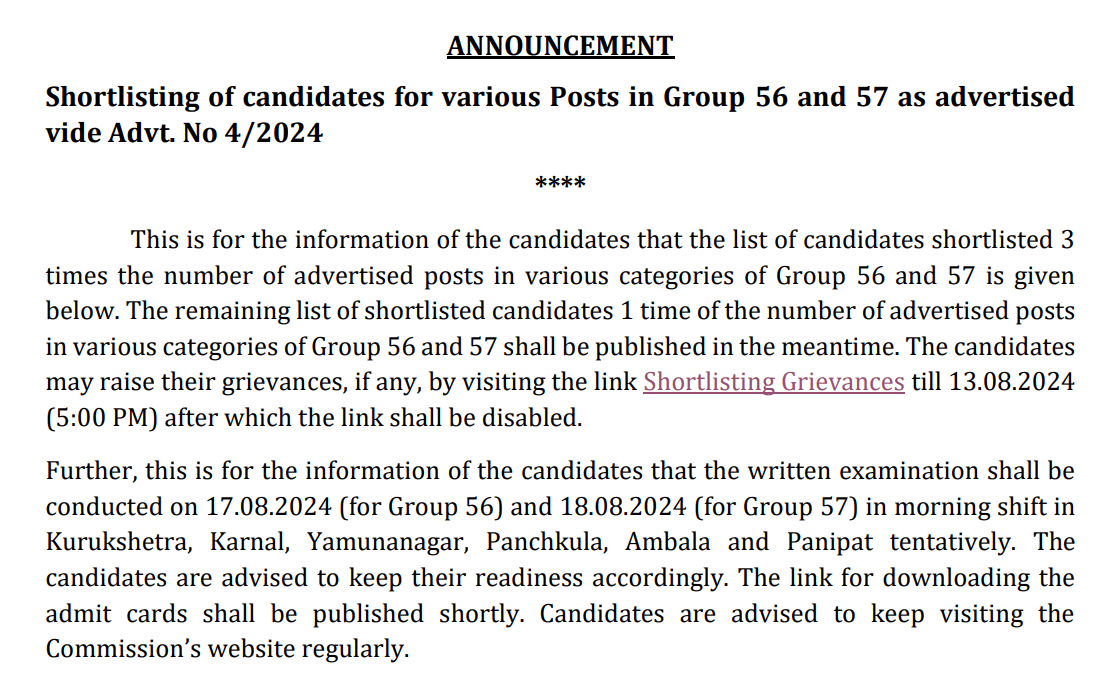 HSSC Group 56 and 57 Shortlisted Candidates List Released, Download Admit Card.