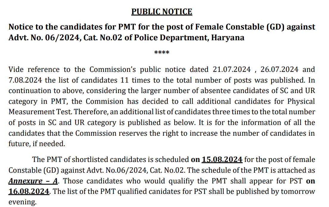 Haryana Police Female Constable Additional PMT List