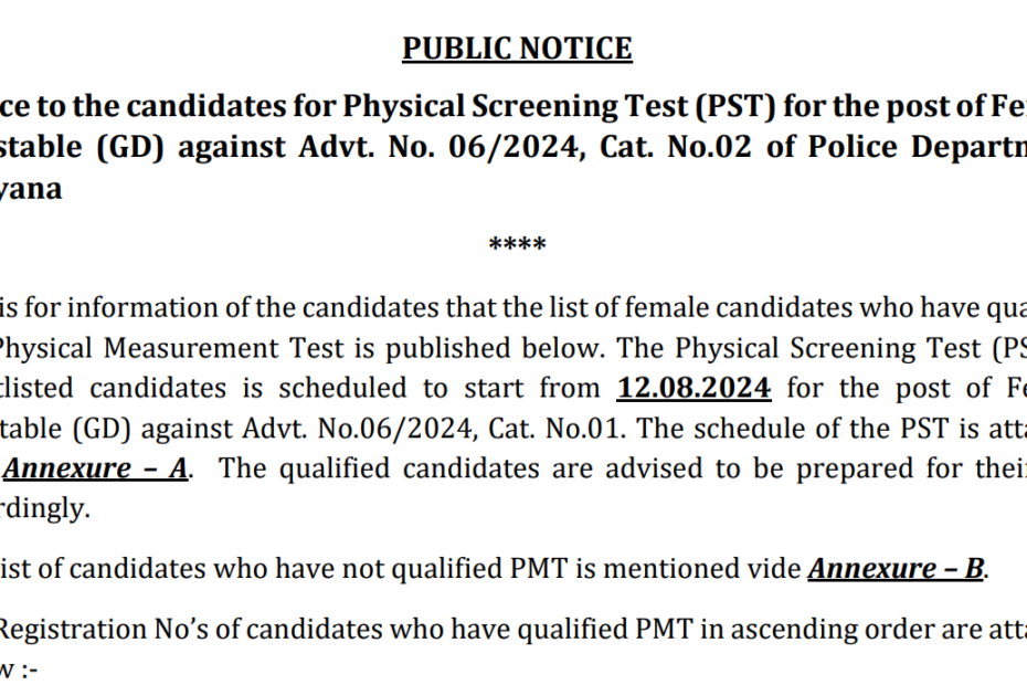 Haryana Police Female Constable PST List