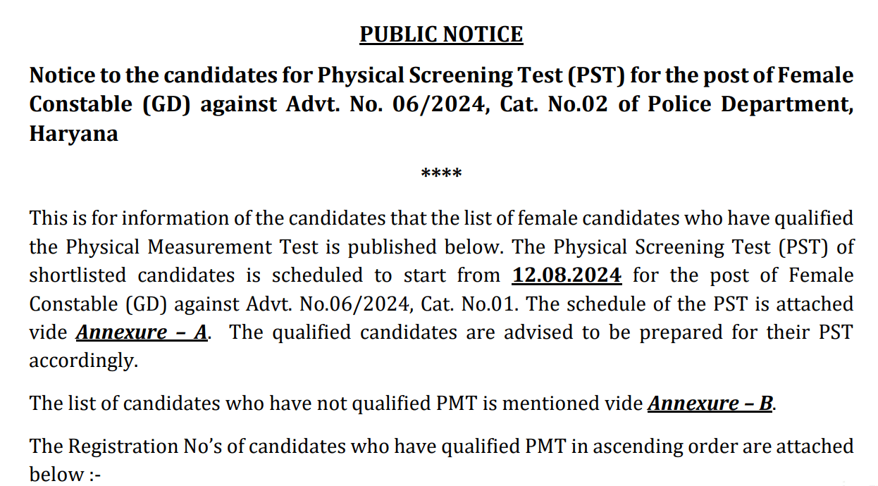 Haryana Police Female Constable PST List