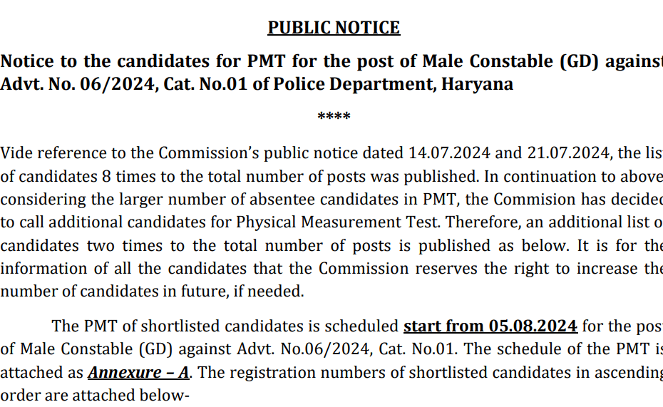 Haryana Police Male Constable PMT 3rd List