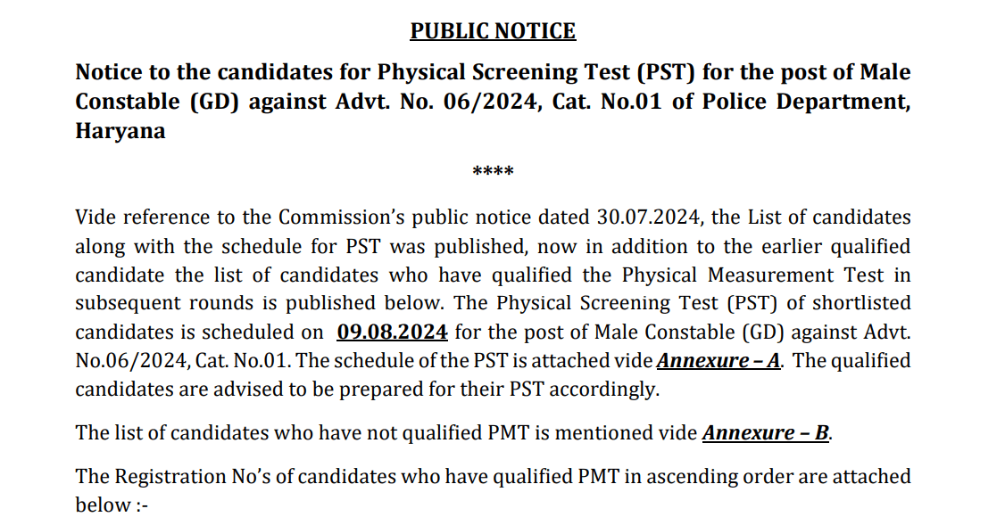 Haryana Police Male Constable PST 2nd List