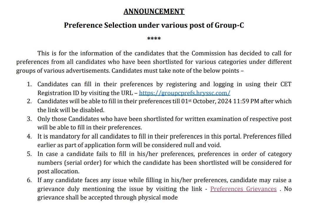 HSSC CET Group C Post Preference