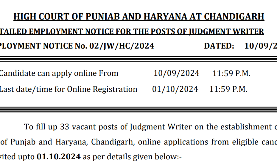 Punjab and Haryana High Court Judgment Writer Recruitment 2024