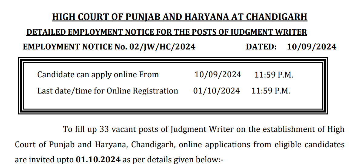 पंजाब और हरियाणा उच्च न्यायालय निर्णय लेखक भर्ती 2024