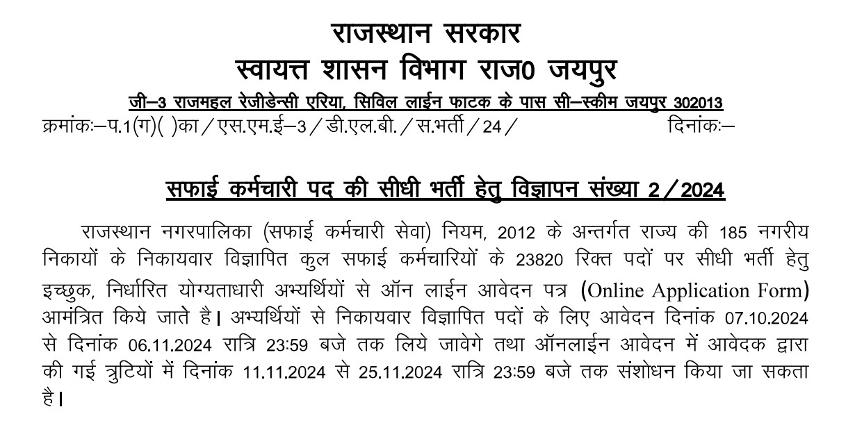 Rajasthan Safai karamchari Recruitment 