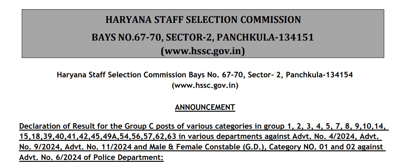 HSSC CET Group C Recruitment Results