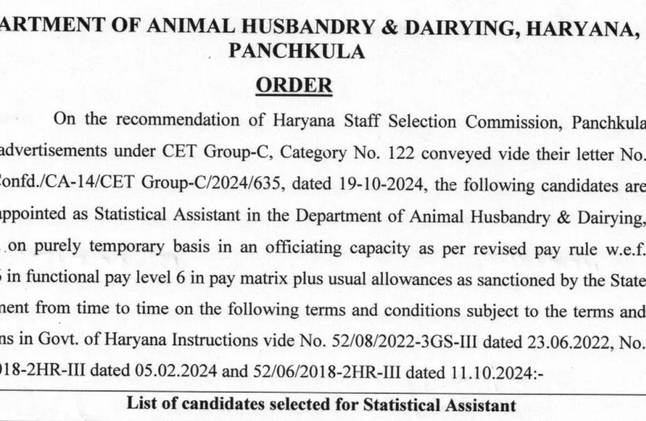 Statistical Assistants Appointment Order for Animal Husbandry & Dairying Department, Haryana