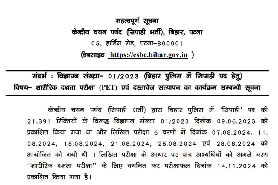 Bihar Police Constable PET Admit Card 2024